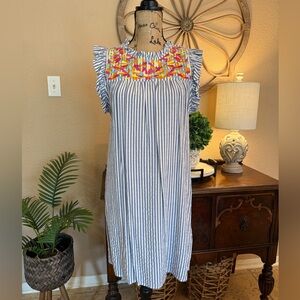 JODIFL Blue Striped Dress with Colorful Embroidery
